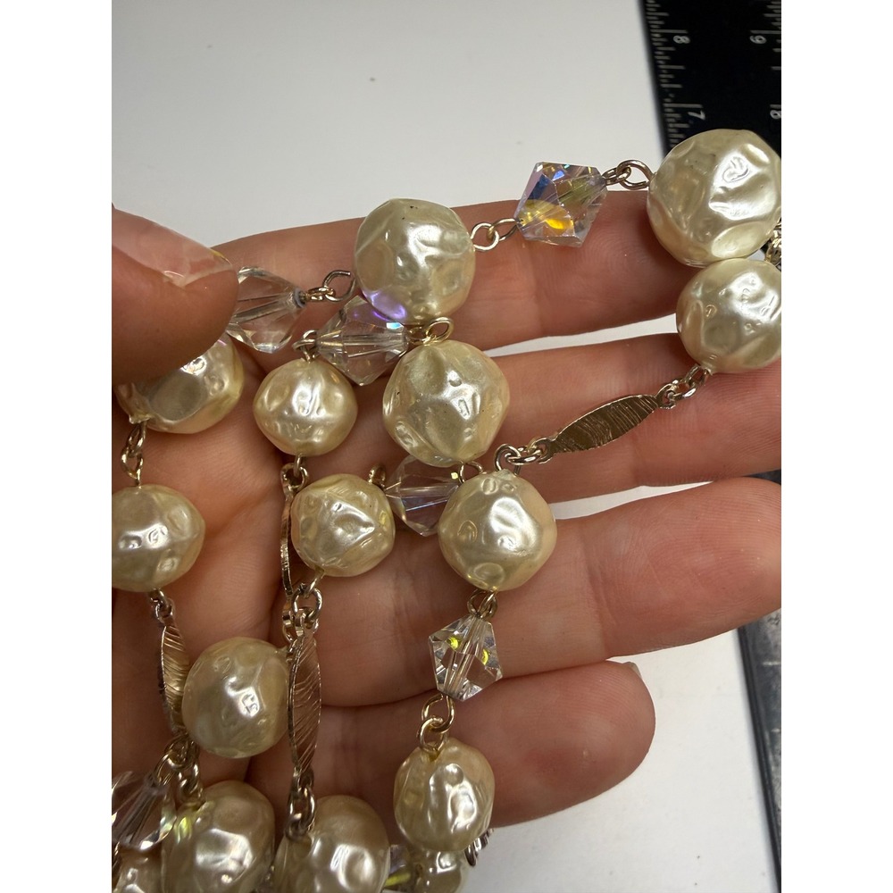 Vintage Baroque Faux Pearl Aurora Borealis Crystal Station Necklace 36in